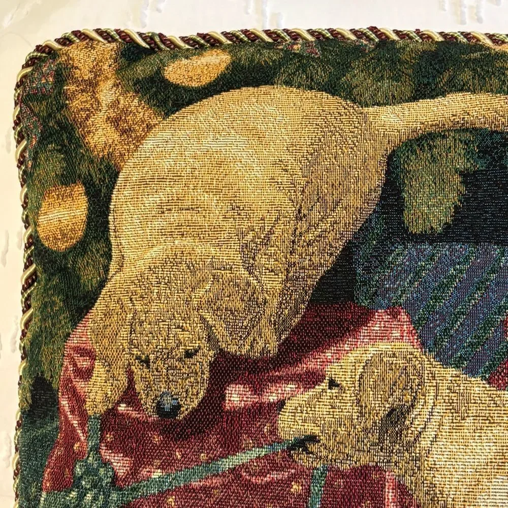 Vintage Lab Puppies Dogs Christmas Tapestry Throw Pillow By Mia Lane 16”x16”